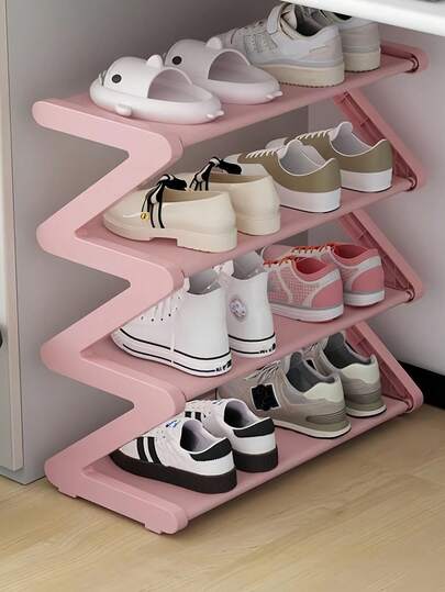4-Tier Z-Shaped Shoe Rack, Plastic Floor Standing Storage Shelf, Multi-Function High Capacity Storage Rack, Easy To Assemble Floor Standing Organizer, Suitable For Living Room, No Tools Required, Stackable, Essential For Home And Dorm, Space Saving, Applicable For Hallway, Wardrobe, Living Room, Bedroom