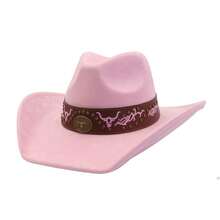 Unisex Western Cowgirl Hats With Floral Band Fashionable Bull Head Wide Brim Fedora Caps For Daily Life And Party - Pink - View 6