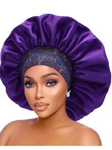 قبعة حرير للنوم للنساء ذات حافة واسعة وحزام مطاطي مطبوع، قبعة نوم من الحرير الناعم للشعر المجعد (نمط طباعة عشوائي)