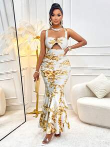 AIJ Amarilo Ladies Elegant Sexy Pure Desire Slim Sling Pleated Hip Wrap Double Layer Lotus Leaf Hem - Light Yellow - View 1