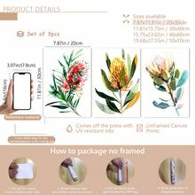 3 pièces/set Impressions d'art de peinture à l'huile de fleurs indigènes australiennes, affiches botaniques, art décoratif, style vintage et campagnard, décoration murale florale de thème printanier, avec affiche peinte de portrait d'intérieur, convient pour la décoration de la maison, de la chambre, du salon, de la salle de bain, décoration murale, avec option de cadre