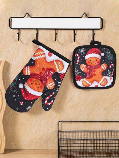 2 件/套圣诞主题烤箱手套、姜饼人风格圣诞烹饪烤箱手套、带隔热垫的红色耐热手套、2025 圣诞装饰、圣诞快乐派对装饰用品、圣诞礼物、圣诞派对礼品、圣诞家居装饰、房间装饰、厨房装饰、圣诞厨房用品厨房用具、装饰摆设、2026 新年装饰礼物
