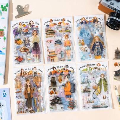 2 Sheets/Bag Stickers, "Answers On The Road" Series, Delicate And Beautiful Graffiti-Style Tri-Fold PET Die-Cut Stickers, Scrapbook Supplies, Notebook Accessories, Decorative Items For Photo Frames, Computer And Phone Cases, Water Cups, Trash Magazines, Pencil Cases, Desktop Decorative Stickers, Back-To-School Season Stickers, School Supplies