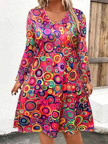 Váy tròn cổ chữ V dài tay cỡ lớn cho nữ - Váy midi thanh lịch có chân váy bồng bềnh, Váy công sở & dự tiệc thường ngày, Váy chữ A cổ điển mùa xuân, Váy cỡ lớn màu cam thời trang - Màu Hoa hồng đỏ - Xem 2