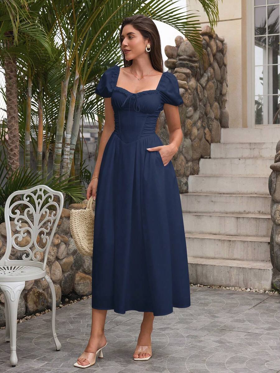 PARTHEA Backless Criss-Cross Lace Patchwork Ruffle Puff Sleeve Bodycon Dress (Zipper, Sexy) Elegant Summer - Navy Blue - View 1
