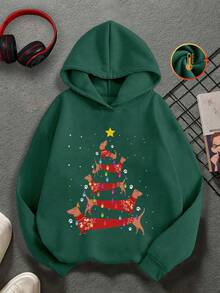 Weihnachtsthema, Dackel und Lichtstreifen bestehend aus Weihnachtsbaummusterdruck, Herbst und Winter Jungen/Mädchen Hoodie lockeres lässiges Sweatshirt vielseitiger Streetstyle bequemes Langarmoberteil