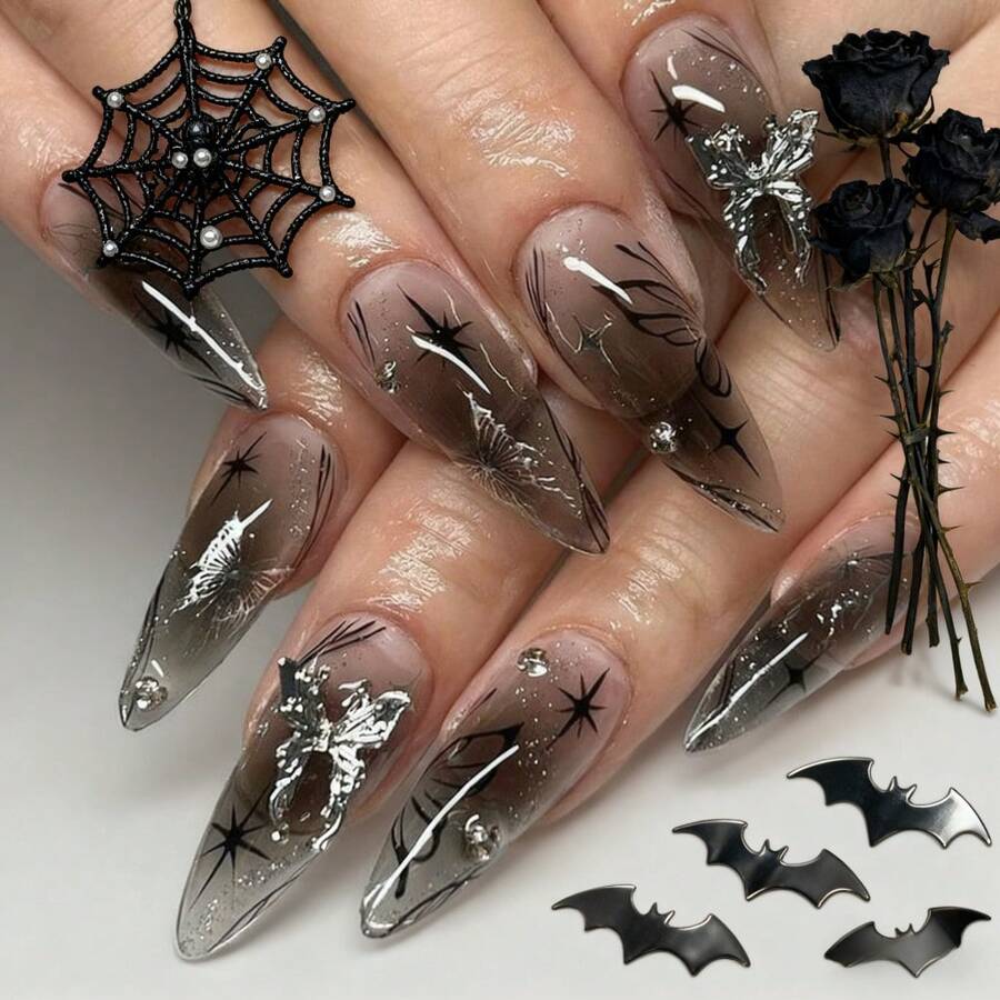 Zuiapoo 24PCS Nail Art Pieces In Different Styles, Hot Selling, Press On Nails Halloween, French Tip Nails, Long Nail, Heavy Industry, Black Nails, Star And Butterfly Long Fake Nail Art, Ideal Birthday And Halloween Gift For Girls And Women, DIY Nail Art At Home, Punk Hot Style,Nails Y2k - 1PC-E - 查看 1