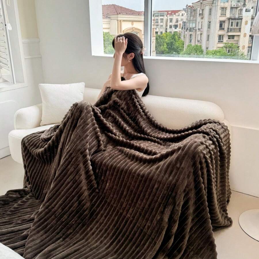 情人節裝飾禮品 1件裝舒適復古風毛毯－絨毛保暖，適合沙發與椅子，條紋圖案，可機洗，聚酯纖維混紡，四季舒適，椅子床單蓋毯 | 柔軟毛毯 | 聚酯纖維混紡，冷氣房配件毯