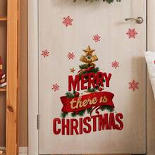 1 pieza Decoración de ventana navideña - Pegatina de ventana autoadhesiva con texto "Feliz Navidad", árbol verde, acentos rojos y dorados - Película de PVC removible sin residuos para puertas de vidrio, ventanas, espejos - Decoración del hogar para fiestas navideñas