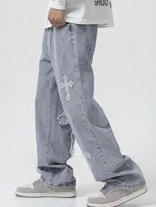 2025 High Street 十字贴片宽松男士阔腿牛仔裤，街头嘻哈风格
