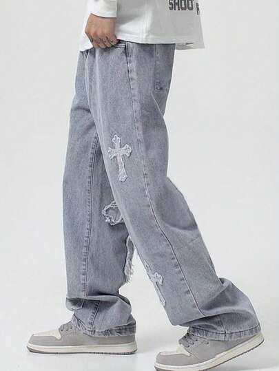 2025 High Street 十字贴片宽松男士阔腿牛仔裤，街头嘻哈风格