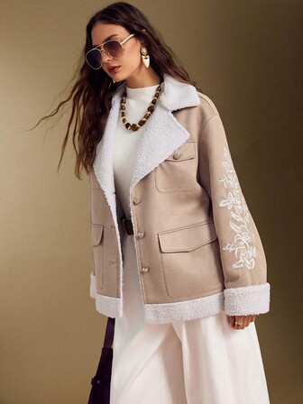 Simplee Jachetă de iarnă pentru femei, din piele întoarsă brodată, căptușită termic, cu nasturi în față, groasă și călduroasă, potrivită pentru Ziua Recunoștinței, Crăciun, Anul Nou