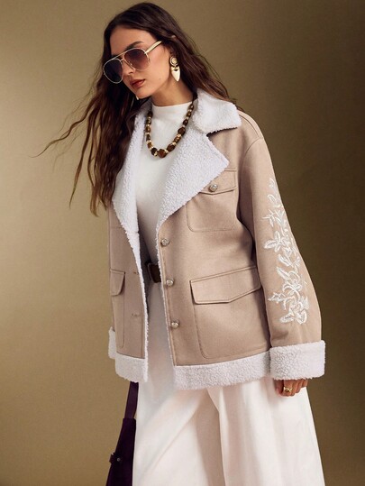 Simplee Giacca invernale da donna in nuova suede ricamata, con fodera in pile, chiusura frontale con bottoni, spessa e calda, adatta per il Ringraziamento, il Natale e il Capodanno