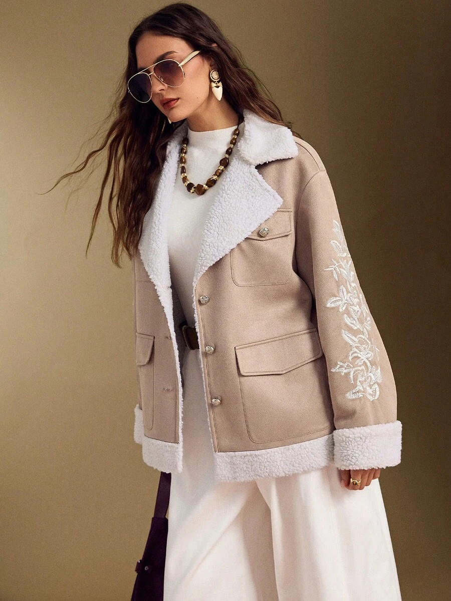 Simplee Women's Spring New Delicate Embroidered Suede Jacket, Front Button Closure, Long Sleeve - Light Beige - View 1