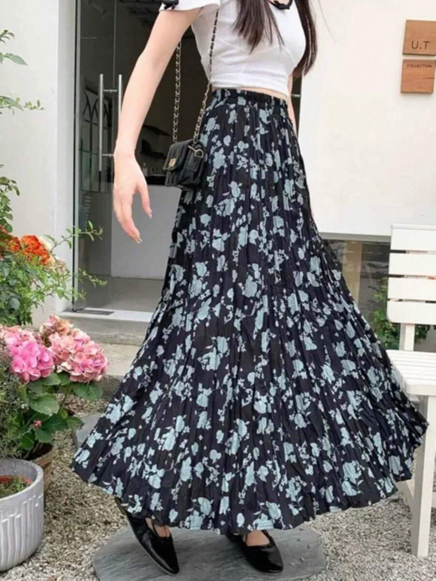 Woven Maxi Skirt, Bohemian Style, A-Line Silhouette, Ruffle Hem, Printed Pattern Vacation - Black - View 1