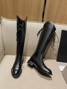 2025年高品质热销秋季新款粗跟高筒靴，百搭时尚及膝靴，低跟尖头优雅简约过膝靴，女士 - 黑色 - 查看 4