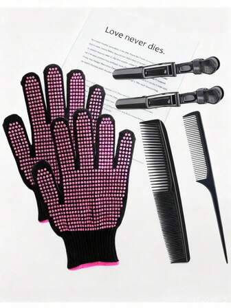 6pcs Hair Styling Tool Set - 2 Gloves + 2 Hair Clips + 2 Styling Combs, For Use With Curling Irons And Hair Styling Tools, Suitable For Curling, Straightening, Waving Hair,Hair,Travel,Hair Products,Hair Tools,Hair Stuff,Barber,Barber Accessories,Barbershop,Hairdressing Equipment