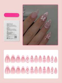 24pcs Medium Almond Press On Nails Pink French Tip Nails With Bowknot Pearls Design Sweet Style For Women Girls Fake Nails Art Daily Dating Office Home Party