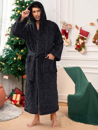 Men's Hooded Coral Fleece Bathrobe, Ultra Soft & Plush Luxury Loungewear, Robe, Warm Winter Bathrobe, Quick Dry Men's Bathrobe, Suitable For Home, Bathroom, Swimming Pool, Party, Hotel, Picnic, All Seasons, Bathroom Essentials