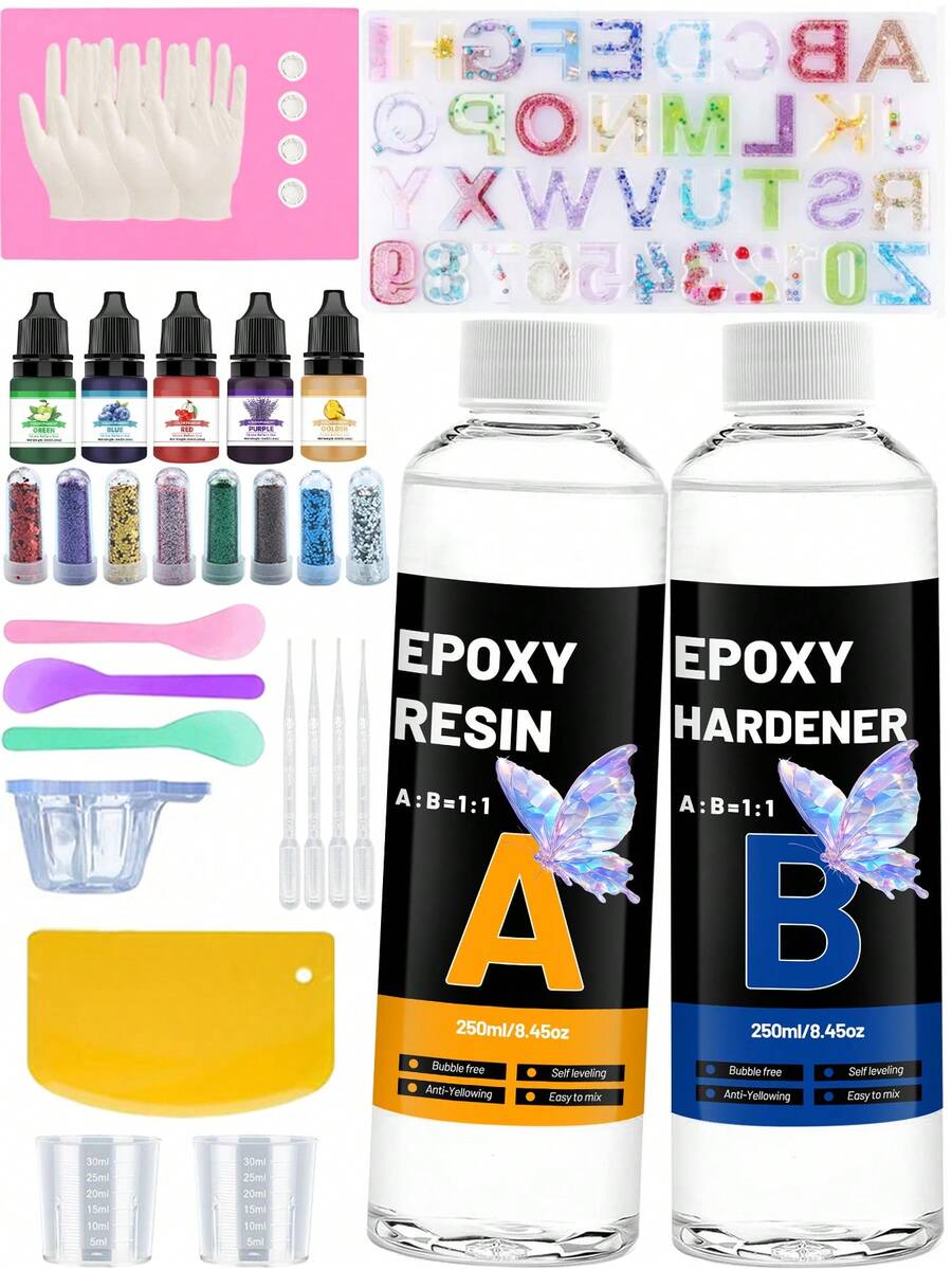 Bộ dụng cụ epoxy nhựa 120ml/250ml, nhựa epoxy trong suốt dùng cho đồ thủ công DIY và làm trang sức, tỷ lệ pha trộn 1:1, không tạo bọt khí và không bị ố vàng. - Bộ nhựa Epoxy - Xem 1