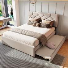 Polsterbett, 90x200cm, Bett Mit Lattenrost (Ohne Matratze), Bett Mit Rollcontainer, Samt, Minimalistisch, Rosa - 米色+絨布+140cm*200cm - 查看 1
