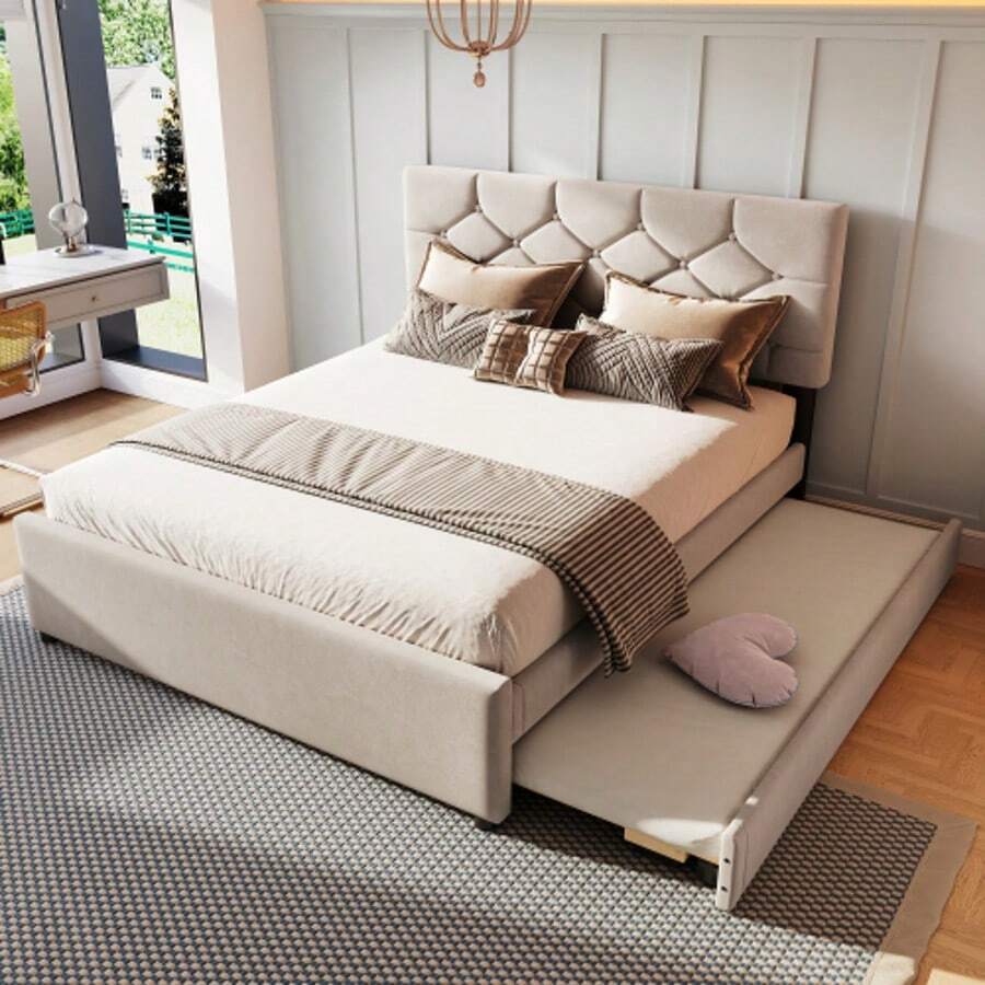 Polsterbett, 90x200cm, Bett Mit Lattenrost (Ohne Matratze), Bett Mit Rollcontainer, Samt, Minimalistisch, Rosa - 米色+絨布+140cm*200cm - 查看 1