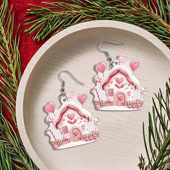1 Paio di Orecchini a Forma di Casetta di Caramelle Natalizie, Design Carino 2D a Forma di Bastoncino di Zucchero e Cuore, Adatti per Abbigliamento Natalizio