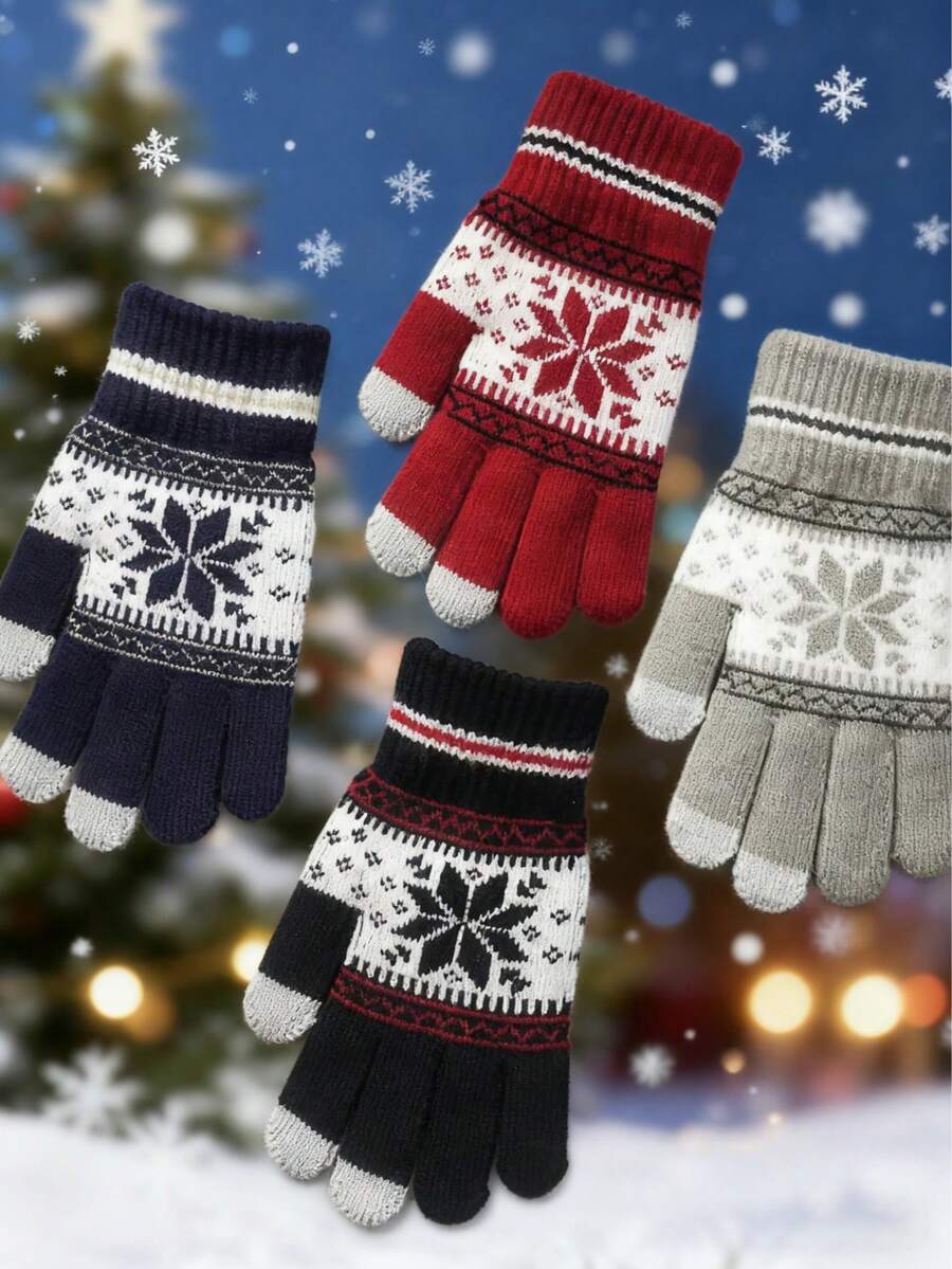 Christmas Party Ball Snowflake Knit Warm Gloves, Autumn/Winter