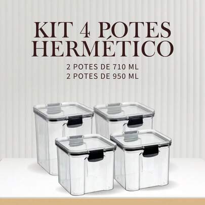 Kit 4 Potes Herméticos 2 de 710Ml e 2 950Ml Organizador Empilhavel Mantimentos Com Lacre Vedação