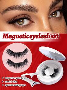 1 Pair Magnetic 3D Thick False Eyelashes With White Clip, All-In-One Style Suitable For Women Party & Date - Fluffy Lashes - View 1