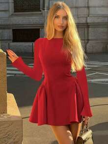 2026 Elegant Solid Color Backless Zipper Bow Tie Dress, Fashion Versatile, Suitable For Dates, Autumn/Winter, New Year, Valentine's Day, Available In Red, Pink, Black Spring - Red - View 4