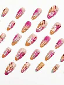 Add A Touch Of Romance With 24 Pieces Of Medium To Long Pressed Nails, Pink Orange Gradient Blend Almond Nails, White And Blue Flowers, Asymmetrical Lines, Polka Dots, Flame Pattern Design, Fresh, Sweet, Gentle, Elegant, Ins Style Full Set Of Pressed Fake Nails, Suitable For Girls And Women's Vacations, Gatherings, Parties, Holiday Daily Wear, Autumn And Winter Nail Supplies