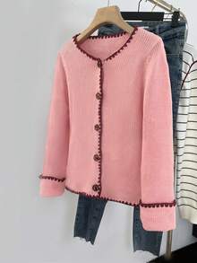 Women's Contrast Trim Round-Neck Long-Sleeved Button-Up Cardigan, Popular In Autumn And Winter, Casual Streetwear, Fall, Out-Going, Christmas, Thanksgiving