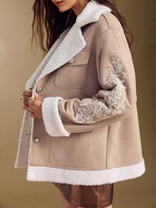 Simplee Women's Spring New Delicate Embroidered Suede Jacket, Front Button Closure, Long Sleeve - Light Beige - View 3