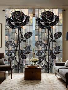 ستارتان أنيقتان مطبوعتان بنقشة الوردة السوداء والزجاج الملون، طباعة رقمية عالية الدقة، تركيب بجيب العصا، 100% بوليستر، 90 جرام/متر مربع، مناسبة لجميع الفصول، تصفية الضوء، حماية الخصوصية، ستائر زخرفية حاجبة للأشعة فوق البنفسجية