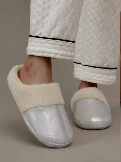 Unisex Winter Faux Leather Slippers | Plush Lined Home Slippers Non-Slip Warm Maternity Shoes Soft Sole Quiet Floor Slippers