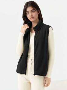 cimmuovere Women's Casual Warm Sherpa Solid Color Sleeveless Zip-Up Vest, Scrubs Nurse Scrubs Workwear Dentist Healthcare Pet Hospital Laboratory Jacket - Black - View 5