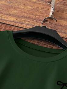 Bow Print Loose Fit Short Sleeve T-Shirt, Spring/Summer - Green - View 4
