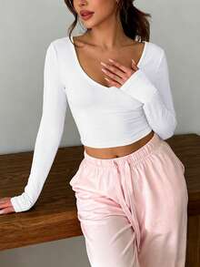 XLLAIS Deep V-Neck Long Sleeve Top, Double-Layer Yoga Fabric, White Basic Warm T-Shirt, Women Autumn/Winter - White - View 5