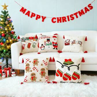1pc Christmas Pattern Embroidered Throw Pillow Cover, Holiday Decorative Cushion Cover For Bedroom, Christmas Towel Embroidered Canvas Pillow Sham