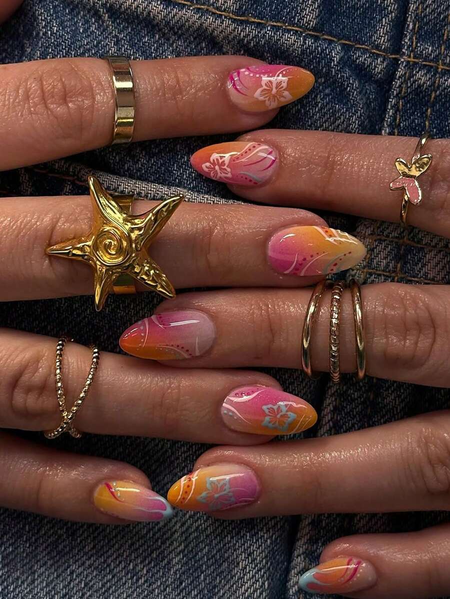 Add A Touch Of Romance With 24 Pieces Of Medium To Long Pressed Nails, Pink Orange Gradient Blend Almond Nails, White And Blue Flowers, Asymmetrical Lines, Polka Dots, Flame Pattern Design, Fresh, Sweet, Gentle, Elegant, Ins Style Full Set Of Pressed Fake Nails, Suitable For Girls And Women's Vacations, Gatherings, Parties, Holiday Daily Wear, Autumn And Winter Nail Supplies