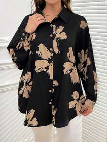 2025 Plus-Size New Elegant Floral Print Shirt With Turn-Down Collar And Front Buttons Long Sleeve For Women