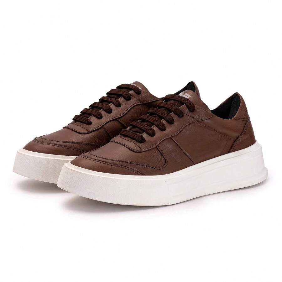 Men's Casual Genuine Leather Sneakers With High Sole Style And Comfort - 駝色 - 查看 1