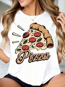Pizza Slice Graphic T-Shirt For Women - Fun Food Print Casual Tee Shirt, Perfect For Pizza Lovers, Comfortable Loose Fit Top For Everyday Wear, Summer Outfit, Birthday Gift, Party Wear - 白色 - 查看 1