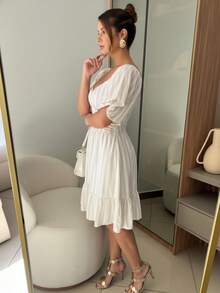 Women's Striped Short Dress With Puff Sleeves And Ruffles - Casual And Elegant Summer Fashion. Ruched Ruffle Hem - Beige - View 2