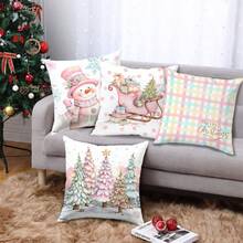 4pcs Christmas Plaid Snowman & Christmas Tree Decorative Pillow Cover Set, Single-Sided Printed Peach Velvet Polyester Material, 45*45CM Cushion Cover For Modern Fabric Sofa Indoor Decor, Party Decoration, Gift