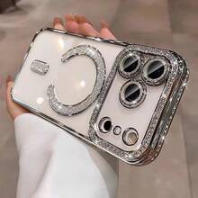 Funda de teléfono con diamantes de imitación chapada en oro premium y magnética, compatible con iPhone 17 Pro Max, 16, 15, 14, 13, 12, 11 Pro, incluye protector de lente de cámara y cubierta de carga inalámbrica - Plateado - Ver 4