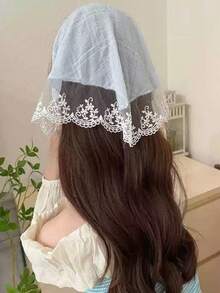 1pc Summer Floral Headband Scarf, Lightweight Vintage Lace Bandana Head Wrap, French Style Accessory For Women - Baby Blue - View 3