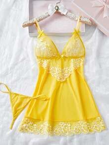 女士性感内衣蕾丝丁字裤内衣诱惑吊带背心睡衣 - 黃色 - 查看 7