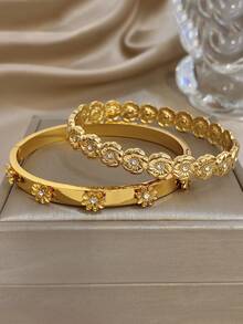 18K Gold Plated Stainless Steel Luxury Elegant Floral Bangle Bracelet Set For Women , Sweet Romantic Jewelry Mom Gift Christmas Thanksgiving Halloween Wedding Rave/Prom/Party/Daily Accessories Gift For Anniversary Valentine's